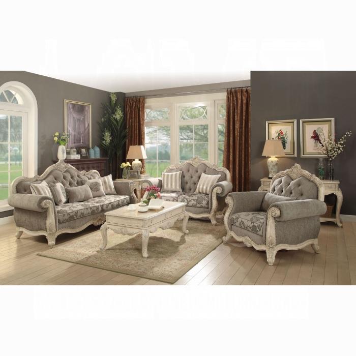 Ragenardus Gray Fabric & Antique White Sofa w/5 Pillows - Inland Furniture (San Bernardino, CA)