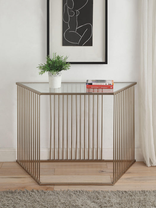 Oaklie Champagne & Clear Glass Sofa Table - Inland Furniture (San Bernardino, CA)
