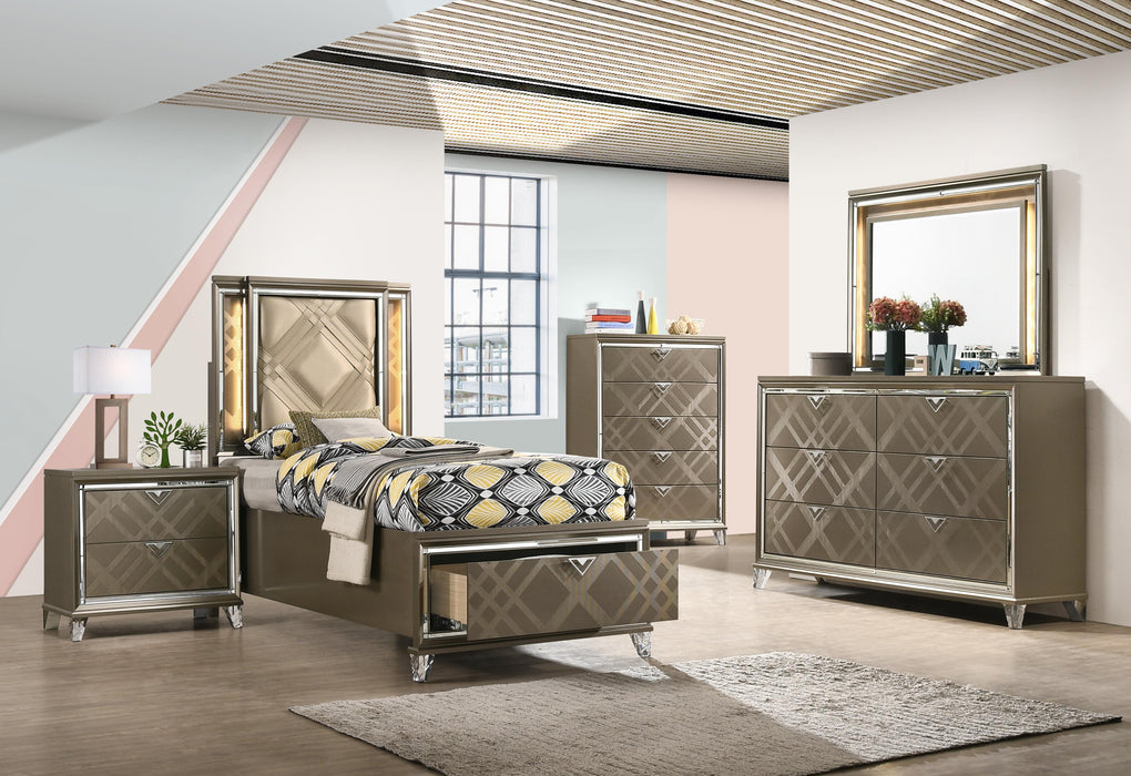 Skylar LED, PU & Dark Champagne Twin Bed (Storage & LED) - Inland Furniture (San Bernardino, CA)