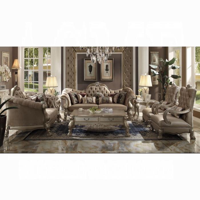Dresden Bone Velvet & Gold Patina Sofa w/7 Pillows - Inland Furniture (San Bernardino, CA)