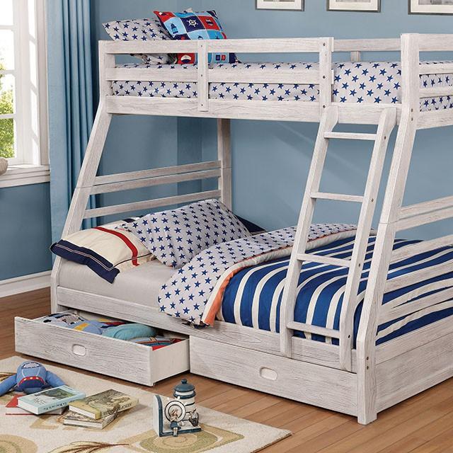California III Wire-Brushed White Twin/Full Bunk Bed w/ 2 Drawers - Inland Furniture (San Bernardino, CA)