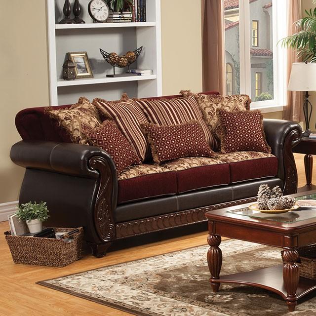 Franklin Burgundy/Espresso Sofa, Burgundy - Inland Furniture (San Bernardino, CA)