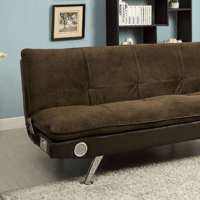 GALLAGHER Dark Brown/Chrome Futon Sofa w/ Bluetooth Speaker, Brown - Inland Furniture (San Bernardino, CA)