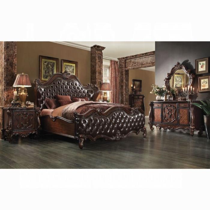 Versailles 2-Tone Dark Brown PU & Cherry Oak Eastern King Bed - Inland Furniture (San Bernardino, CA)