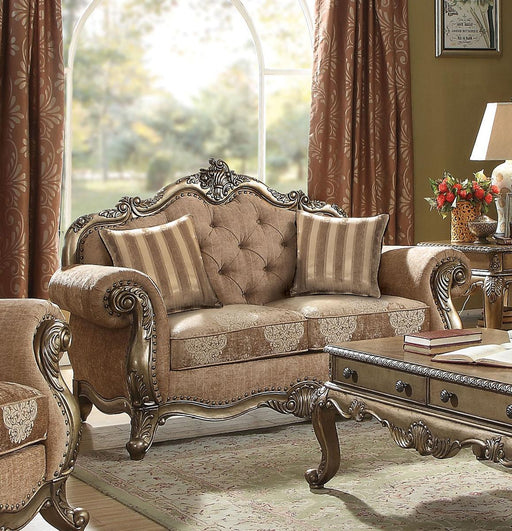 Acme Ragenardus Loveseat with 2 Pillows in Fabric & Vintage Oak 56031 - Inland Furniture (San Bernardino, CA)