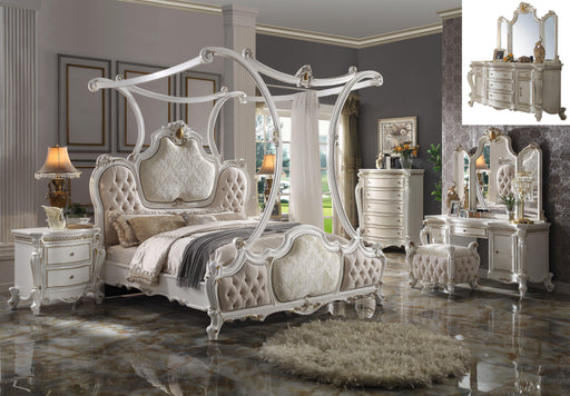 Picardy Fabric & Antique Pearl Eastern King Bed (Canopy) - Inland Furniture (San Bernardino, CA)