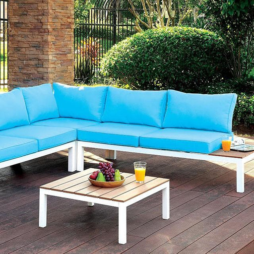 WINONA White/Oak/Blue Patio Sectional w/ Table - Inland Furniture (San Bernardino, CA)