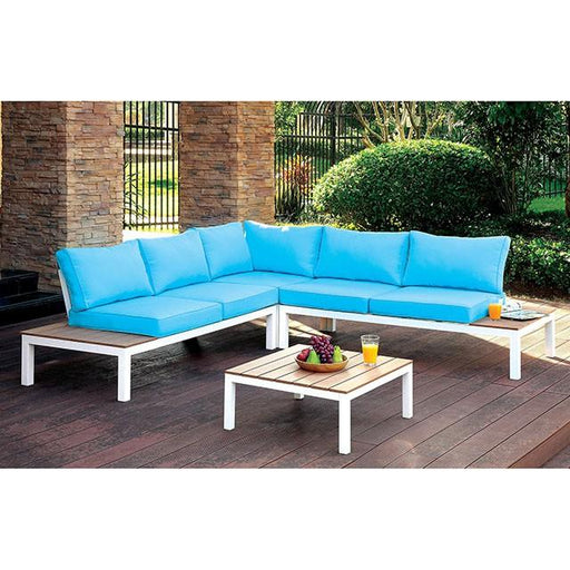 WINONA White/Oak/Blue Patio Sectional w/ Table - Inland Furniture (San Bernardino, CA)