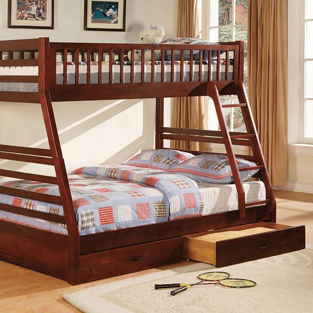 California II Cherry Twin/Full Bunk Bed w/ 2 Drawers Cherry, Walnut, Grey, &Oak - Inland Furniture (San Bernardino, CA)