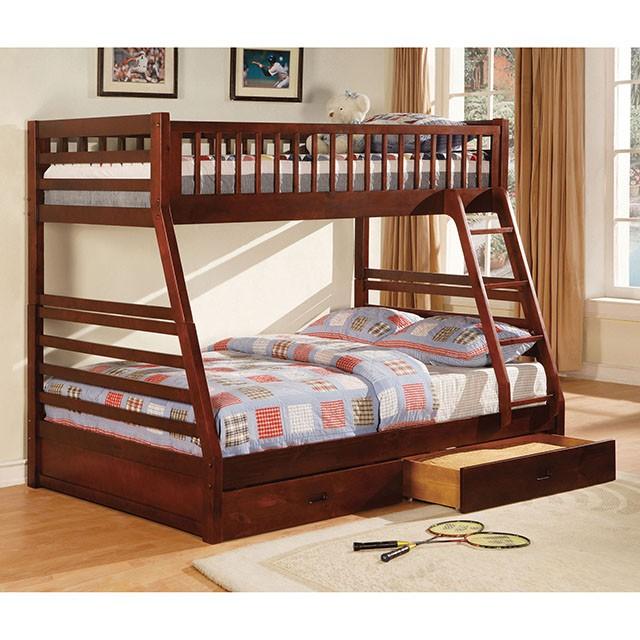 California II Cherry Twin/Full Bunk Bed w/ 2 Drawers Cherry, Walnut, Grey, &Oak - Inland Furniture (San Bernardino, CA)