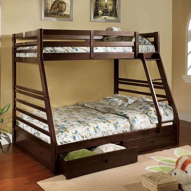 California II Cherry Twin/Full Bunk Bed w/ 2 Drawers Cherry, Walnut, Grey, &Oak - Inland Furniture (San Bernardino, CA)