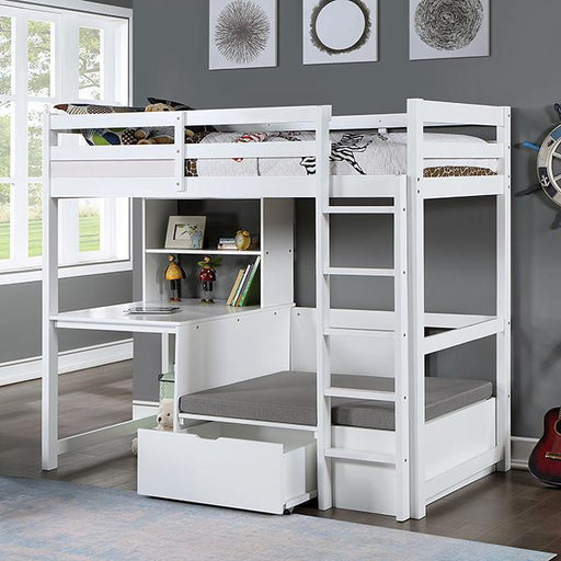 CALLISTUS Twin Workstation Loft Bed, White & Gray - Inland Furniture (San Bernardino, CA)
