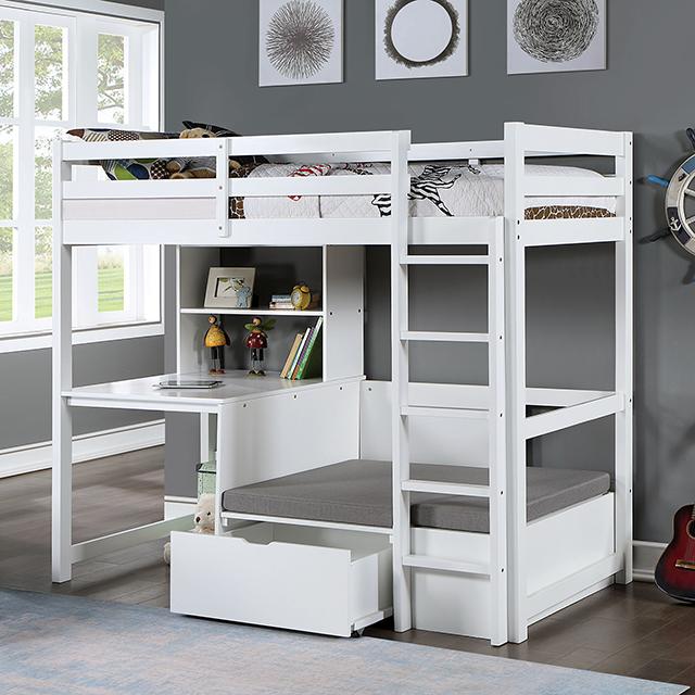 CALLISTUS Twin Workstation Loft Bed, White & Gray - Inland Furniture (San Bernardino, CA)