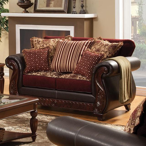 Franklin Burgundy/Espresso Love Seat, Burgundy - Inland Furniture (San Bernardino, CA)