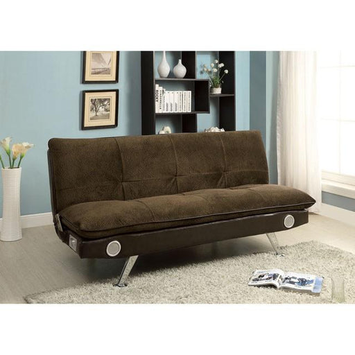 GALLAGHER Dark Brown/Chrome Futon Sofa w/ Bluetooth Speaker, Brown - Inland Furniture (San Bernardino, CA)