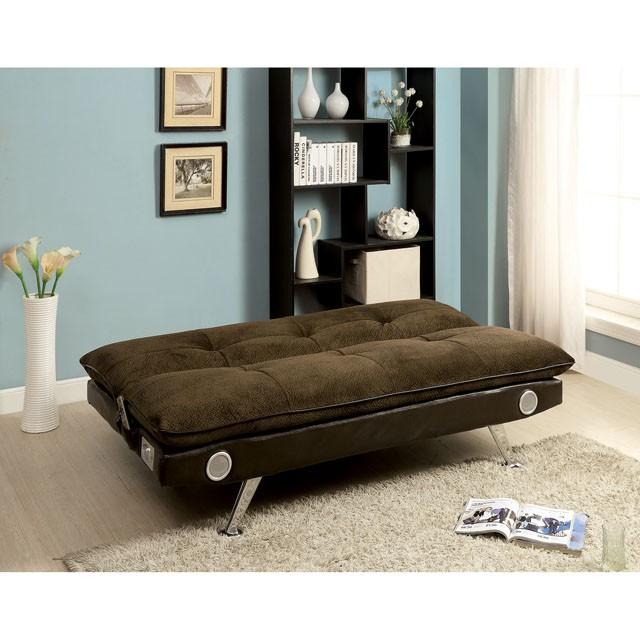 GALLAGHER Dark Brown/Chrome Futon Sofa w/ Bluetooth Speaker, Brown - Inland Furniture (San Bernardino, CA)