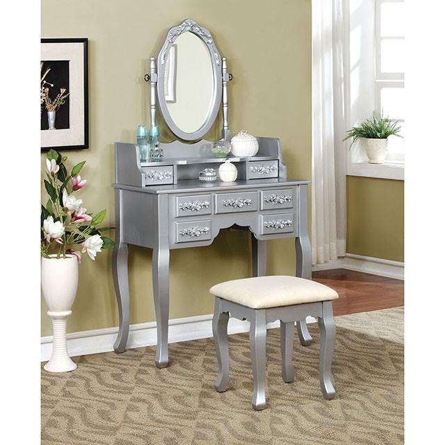 Harriet Silver Vanity w/ Stool - Inland Furniture (San Bernardino, CA)