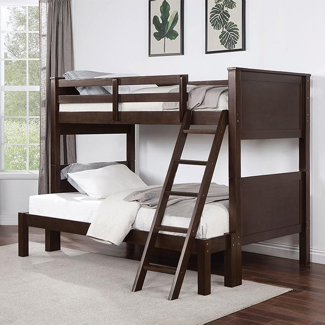 STAMOS Full/Full, Twin/Full, & Twin/twin Bunk Bed, Walnut - Inland Furniture (San Bernardino, CA)